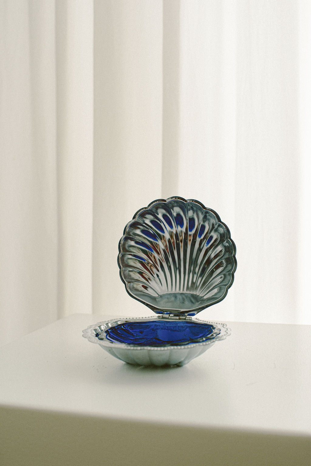Silver-Plated Shell Dish, Cobalt Blue Insert